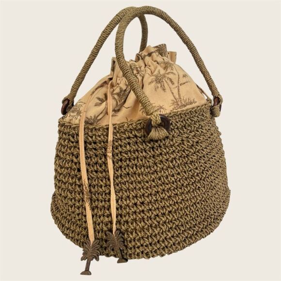 Vintage Cappelli Straworld Drawstring Bucket Bag Medium Large Palm Print Charms - Picture 1 of 14